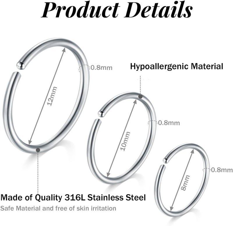 FECTAS Nose Rings Hoops Surgical Steel 18g 20g Gauge 6mm 8mm 10mm 12mm Earrings Piercing Hoops Jewelry for Men Women - Image 2